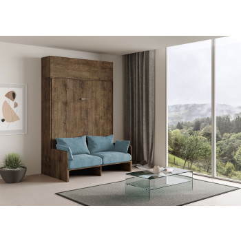 Lit double escamotable Kentaro 160 avec canapé - Lit double escamotable Kentaro 160 avec canapé et élément mural en blanc, frêne et bleu clair