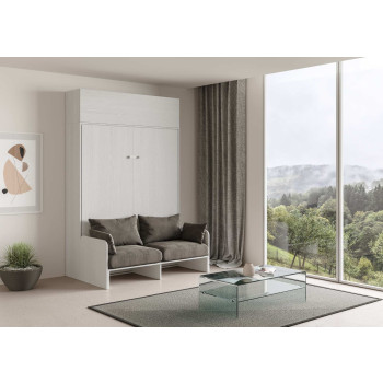 Lit double escamotable Kentaro 160 avec canapé - Lit double escamotable Kentaro 160 avec canapé et élément mural en frêne blanc, gris