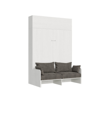 Lit double escamotable Kentaro 160 avec canapé - Lit double escamotable Kentaro 160 avec canapé et élément mural en frêne blanc, gris