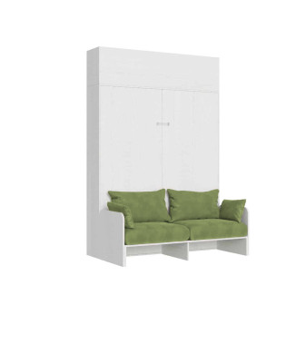 Lit double escamotable Kentaro 160 avec canapé - Lit double escamotable Kentaro 160 avec canapé et élément mural en frêne blanc, vert