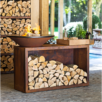 OFYR ISLAND - BRASIER BARBECUE AVEC PORTE-BOIS ET PLAN DE SUPPORT EN BOIS DE TECK