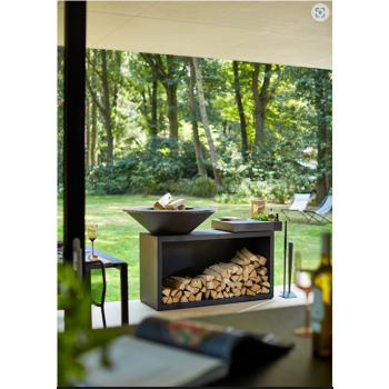 OFYR ISLAND - BRASIER BARBECUE AVEC PORTE-BOIS ET PLAN DE SUPPORT EN BOIS DE TECK