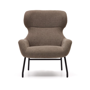 Fauteuil Belina en chenille marron clair et acier finition noire, certifié FSC 100%