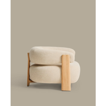 Fauteuil d'extérieur beige granit avec pieds en teck massif 100% certifié FSC et finition naturelle.