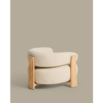 Fauteuil d'extérieur beige granit avec pieds en teck massif 100% certifié FSC et finition naturelle.