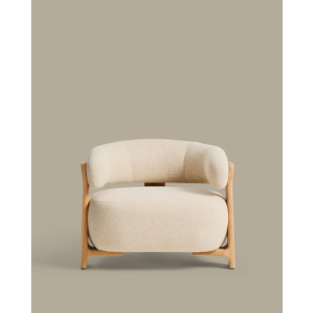 Fauteuil d'extérieur beige granit avec pieds en teck massif 100% certifié FSC et finition naturelle.