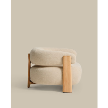 Fauteuil d'extérieur beige granit avec pieds en teck massif 100% certifié FSC et finition naturelle.