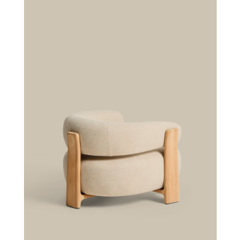 Fauteuil d'extérieur beige granit avec pieds en teck massif 100% certifié FSC et finition naturelle.