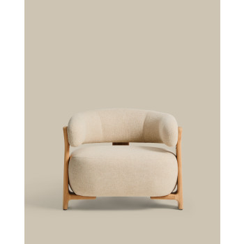 Fauteuil d'extérieur beige granit avec pieds en teck massif 100% certifié FSC et finition naturelle.