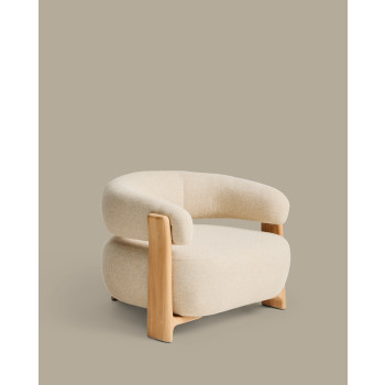 Fauteuil d'extérieur beige granit avec pieds en teck massif 100% certifié FSC et finition naturelle.