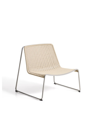 Fauteuil empilable Tavari en corde synthétique beige et acier inoxydable AISI 304 à effet brossé