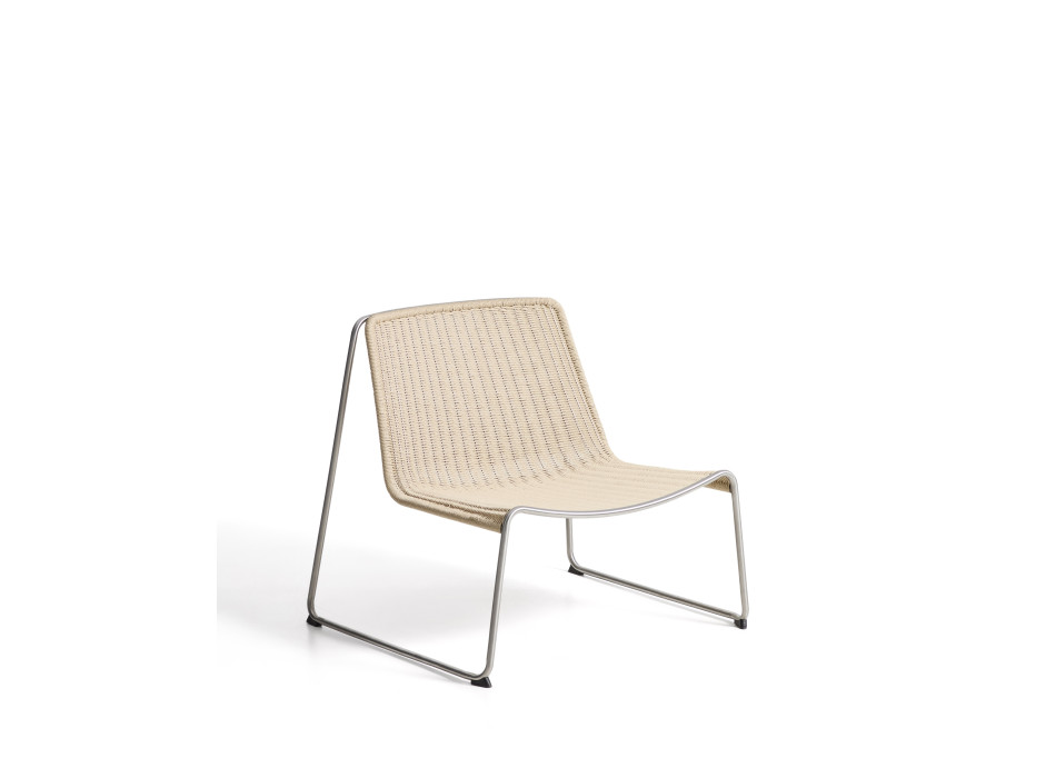 Fauteuil empilable Tavari en corde synthétique beige et acier inoxydable AISI 304 à effet brossé