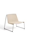 Fauteuil empilable Tavari en corde synthétique beige et acier inoxydable AISI 304 à effet brossé