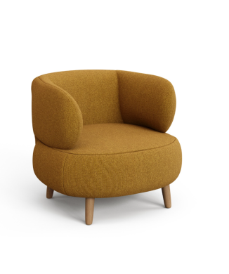 Fauteuil Luisa ignifugé en similicuir moutarde effet peau de mouton avec pieds en hêtre massif de 90 cm