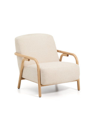 Fauteuil Sylo en chenille beige et frêne massif finition naturelle FSC 100%