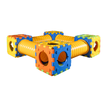 Quadrotto Jeu modulaire composé de 4 cubes et de 4 tunnels.