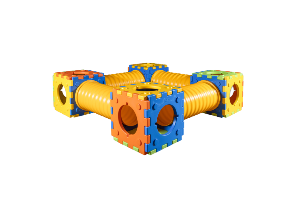 Quadrotto Jeu modulaire composé de 4 cubes et de 4 tunnels.