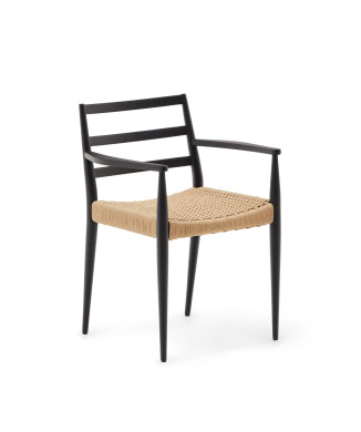 Chaise Analy avec accoudoirs en chêne massif finition noire et assise en corde FSC 10
