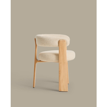 Chaise d'extérieur beige à 3 pieds en granit, avec pieds en teck massif finition naturelle certifiée FSC 100%.