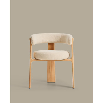 Chaise d'extérieur beige à 3 pieds en granit, avec pieds en teck massif finition naturelle certifiée FSC 100%.