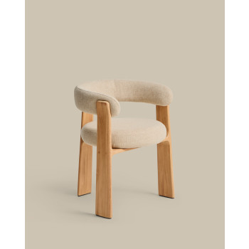Chaise d'extérieur beige à 3 pieds en granit, avec pieds en teck massif finition naturelle certifiée FSC 100%.