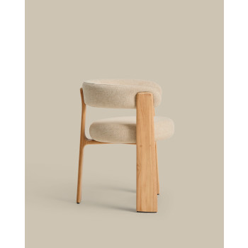Chaise d'extérieur beige à 3 pieds en granit, avec pieds en teck massif finition naturelle certifiée FSC 100%.