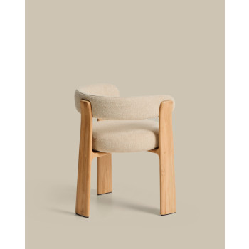 Chaise d'extérieur beige à 3 pieds en granit, avec pieds en teck massif finition naturelle certifiée FSC 100%.