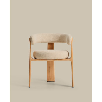 Chaise d'extérieur beige à 3 pieds en granit, avec pieds en teck massif finition naturelle certifiée FSC 100%.