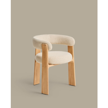 Chaise d'extérieur beige à 3 pieds en granit, avec pieds en teck massif finition naturelle certifiée FSC 100%.