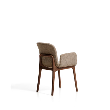 Fauteuil Elnor en chenille marron avec accoudoirs et pieds en chêne massif finition noyer