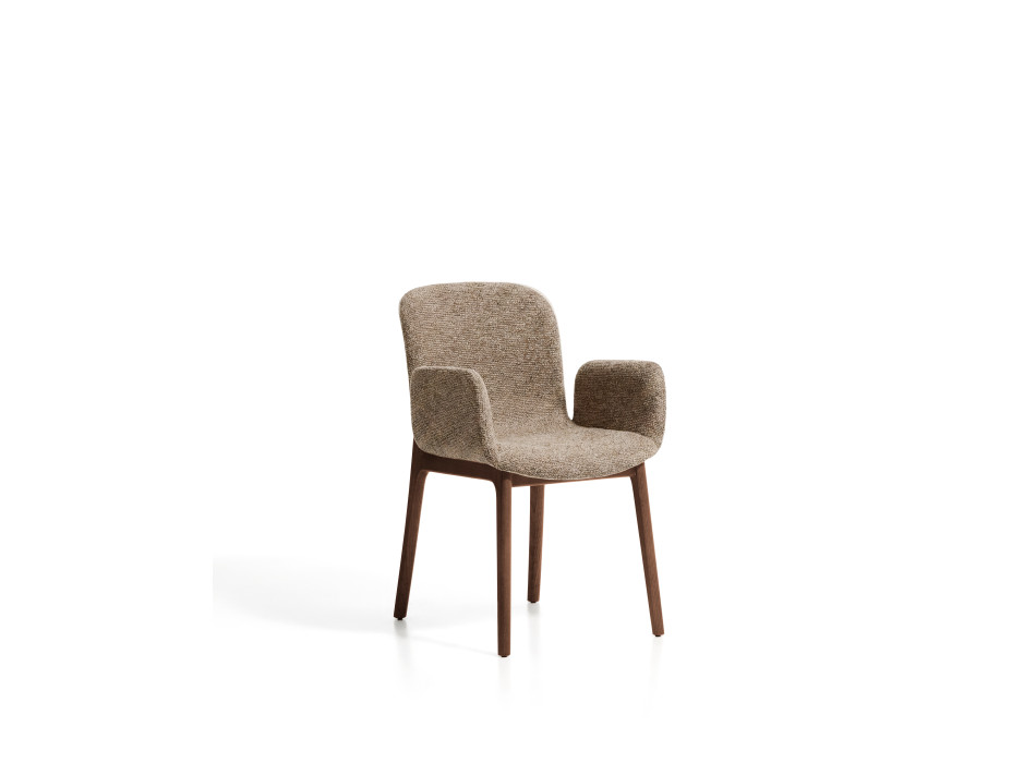 Fauteuil Elnor en chenille marron avec accoudoirs et pieds en chêne massif finition noyer