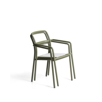 Chaise d'extérieur empilable Linosa en aluminium vert avec coussin beige