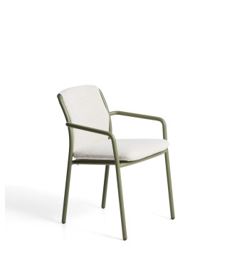 Chaise d'extérieur empilable Linosa en aluminium vert avec coussin beige