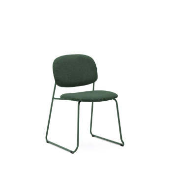 Chaise empilable Meli en chenille verte et pieds en métal vert, certifiée FSC Mix.