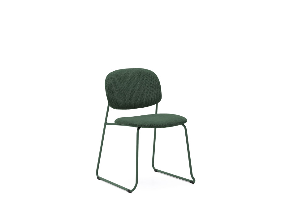 Chaise empilable Meli en chenille verte et pieds en métal vert, certifiée FSC Mix.