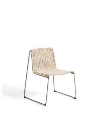 Chaise empilable Tavari en corde synthétique beige et acier inoxydable AISI 304 à effet brossé
