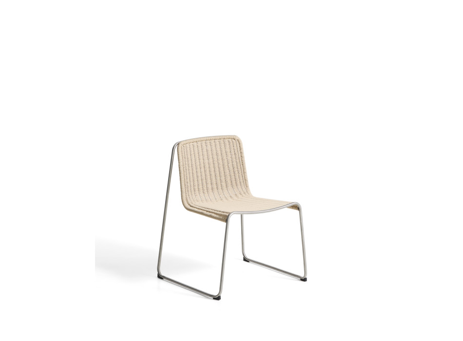 Chaise empilable Tavari en corde synthétique beige et acier inoxydable AISI 304 à effet brossé