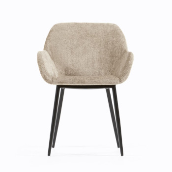 Chaise Konna en velours chenille beige avec pieds en acier peint en noir