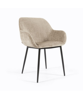 Chaise Konna en velours chenille beige avec pieds en acier peint en noir