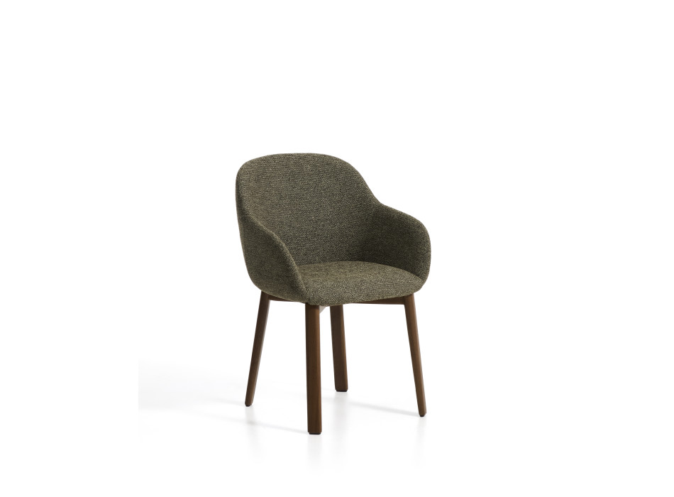 Chaise Meila avec accoudoirs en chenille verte et pieds en chêne massif finition noyer