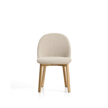 Chaise Meila en chenille beige et pieds en chêne massif finition naturelle