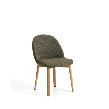 Chaise Meila en chenille verte et pieds en chêne massif finition naturelle