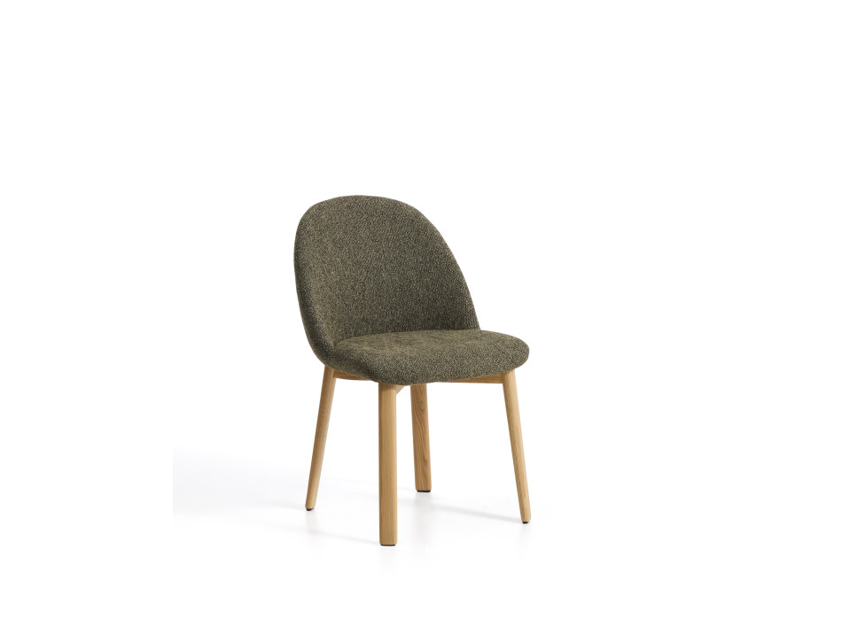 Chaise Meila en chenille verte et pieds en chêne massif finition naturelle