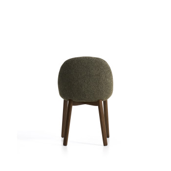 Chaise Meila en chenille verte et pieds en chêne massif finition noyer