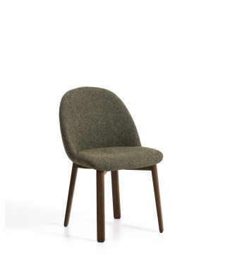 Chaise Meila en chenille verte et pieds en chêne massif finition noyer