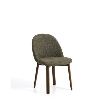 Chaise Meila en chenille verte et pieds en chêne massif finition noyer