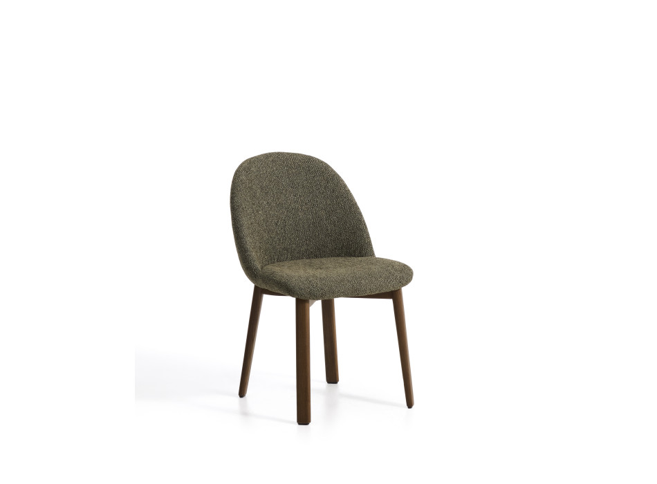 Chaise Meila en chenille verte et pieds en chêne massif finition noyer
