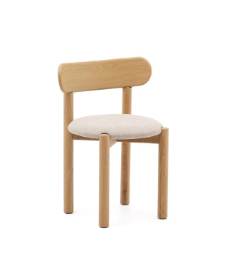 Chaise Nebai en chenille beige avec structure en chêne massif, finition naturelle FSC MIX C