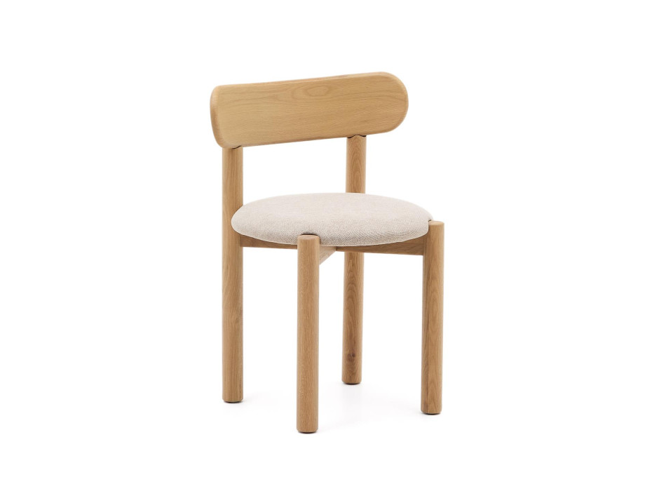 Chaise Nebai en chenille beige avec structure en chêne massif, finition naturelle FSC MIX C