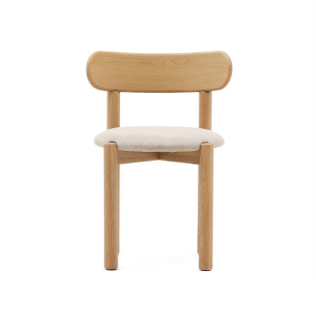 Chaise Nebai en chenille beige avec structure en chêne massif, finition naturelle, certifiée FSC MIX